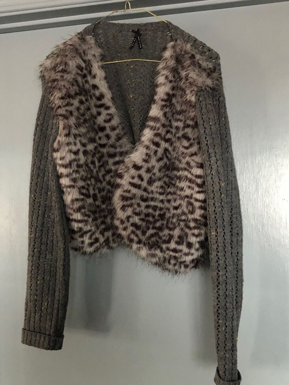 Lapis Women's Size L Gray Knit Faux Leopard Fur Cardigan Long Sleeve